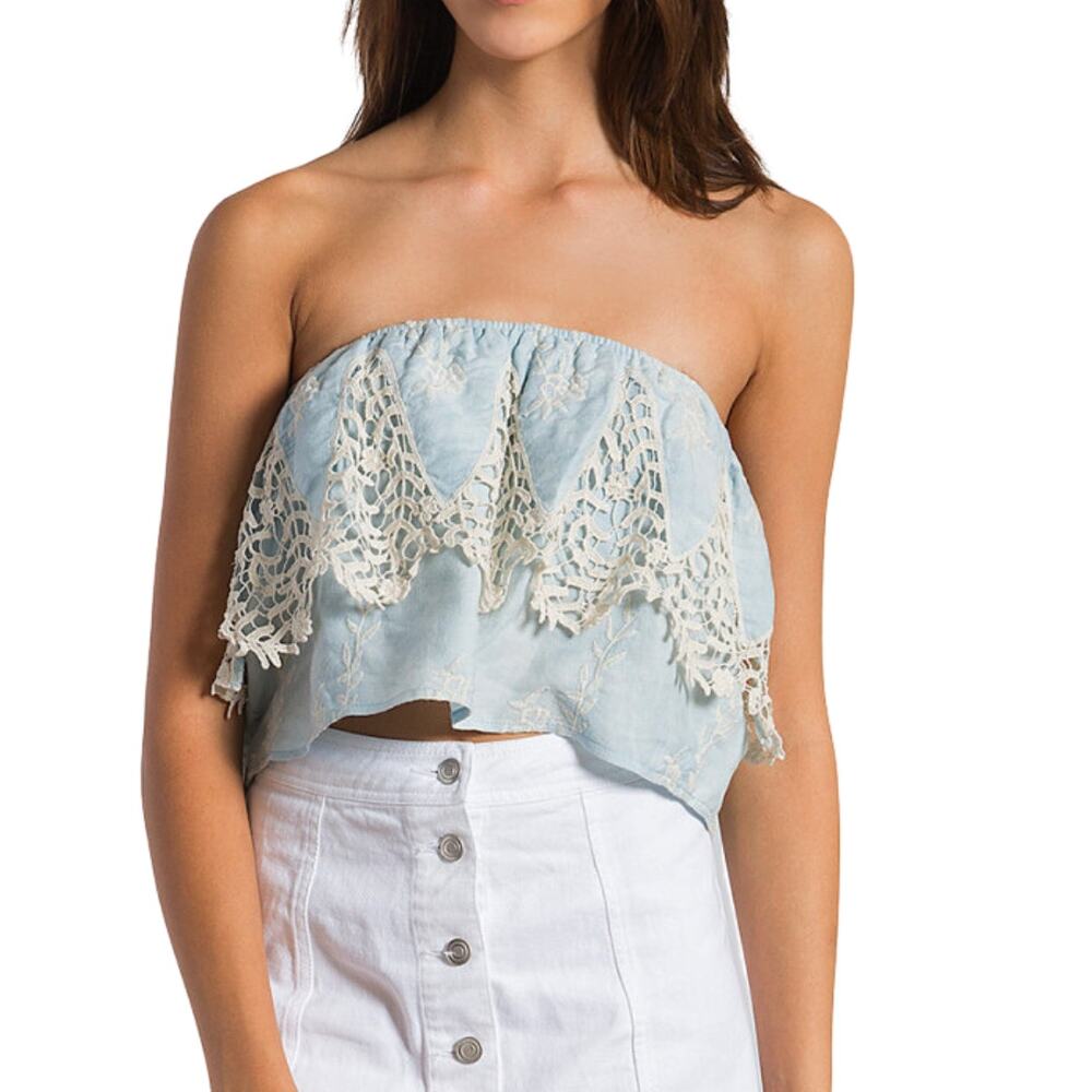 Sans Souci Baby Blue Embroidered Lace Tube Top Large Festival Boho Retro